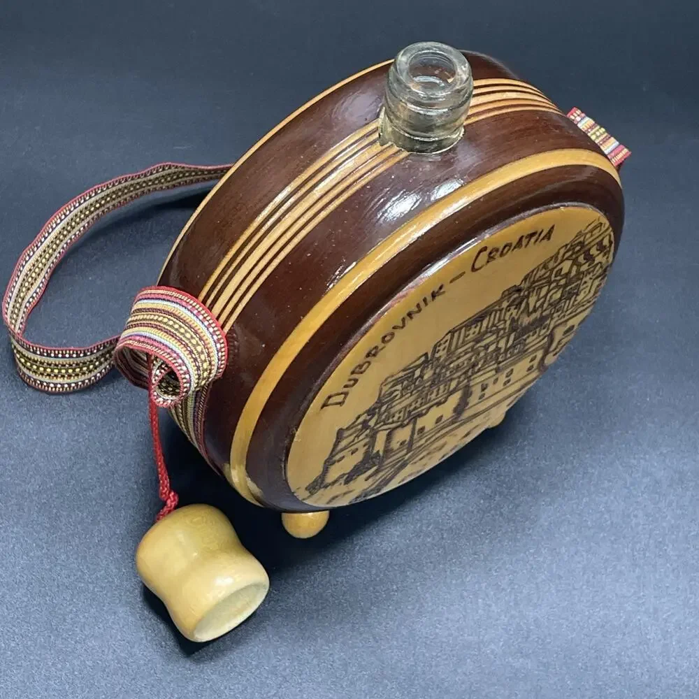 Vtg Wood Flask Canteen Handcrafted Folk Art Carved Pyrography Dubrovnik Croatia